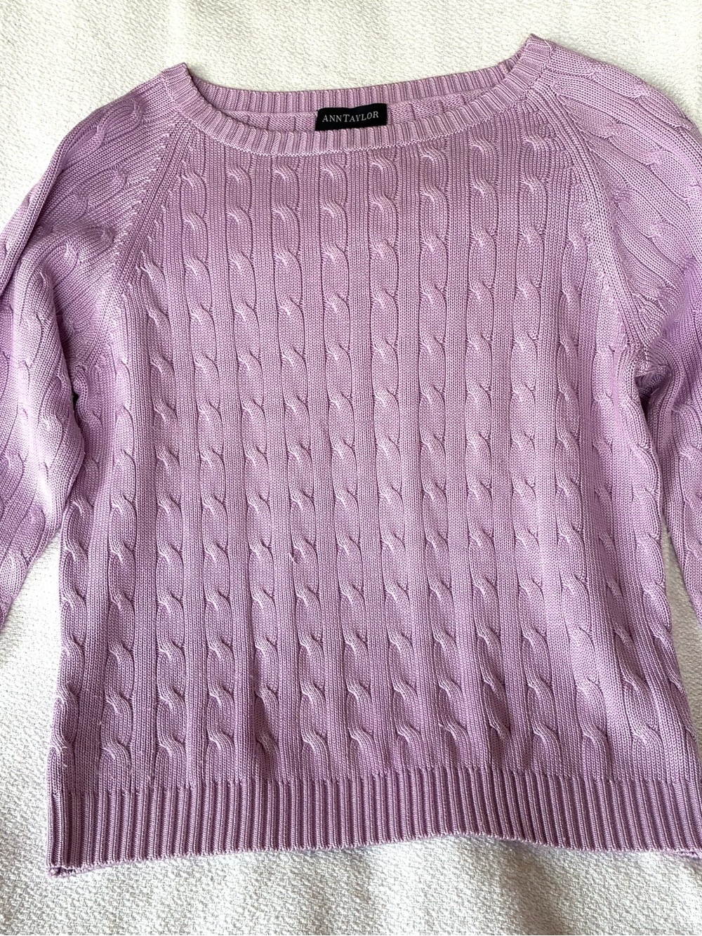 Ann Taylor Silk Cotton Blend Lilac Cable-Knit Crewneck Sweater